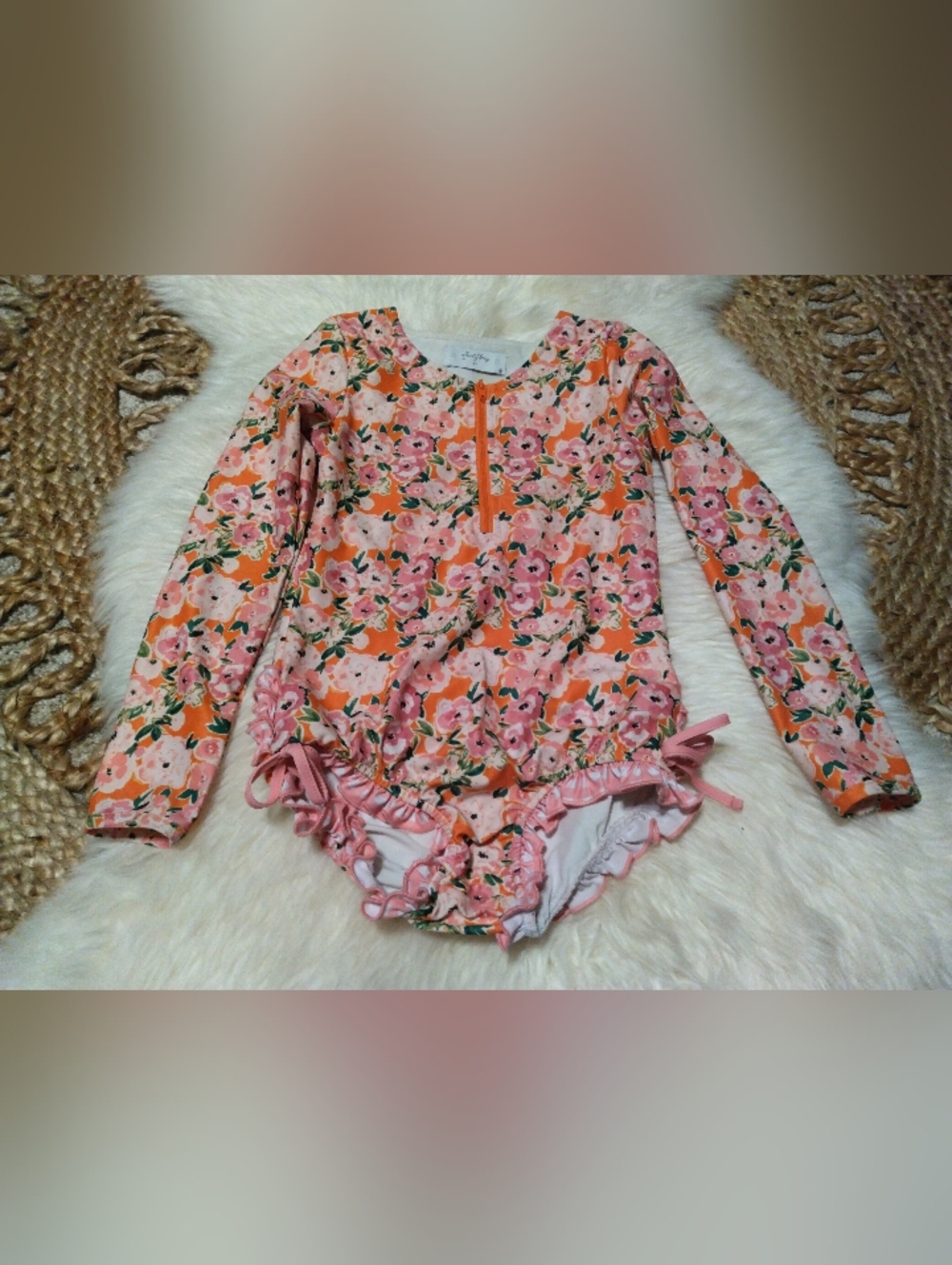 SweetHoney Floral Long Sleeve Girls Swimsuit - Pink & Orange Size 8